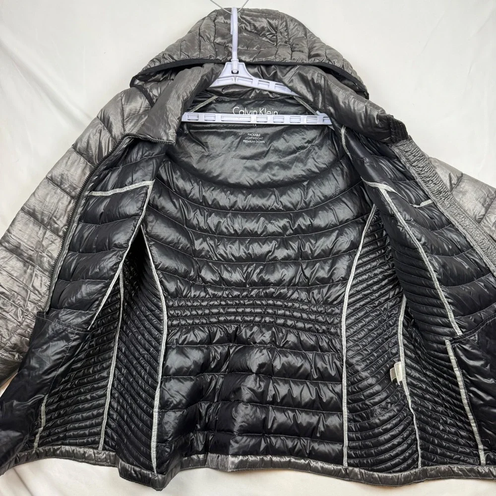 Calvin Klein Womens 1X Packable Lightweight Down Puffer Jacket Gray Hooded